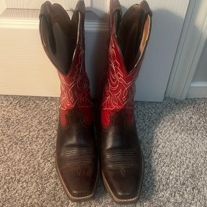 Arait women’s size 7 boots red and brown mid calf length.